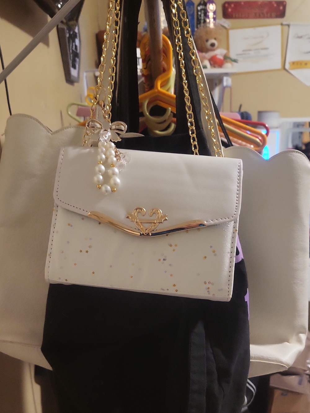 Nwot White Pearl-Accent Crossbody Bag with Gold Heart Hardware